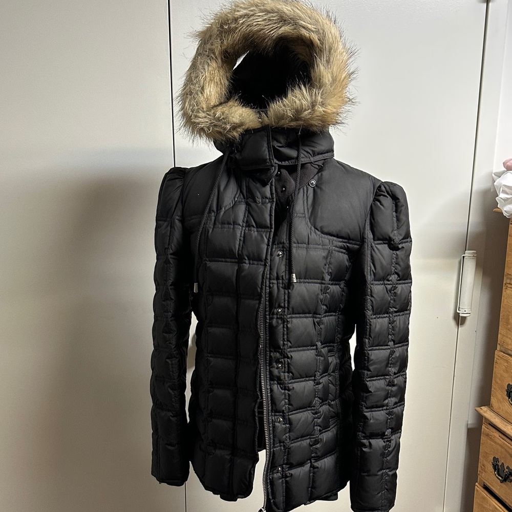 Juicy Couture Black Quilted Puffer Jacket with Faux Fur Hood
